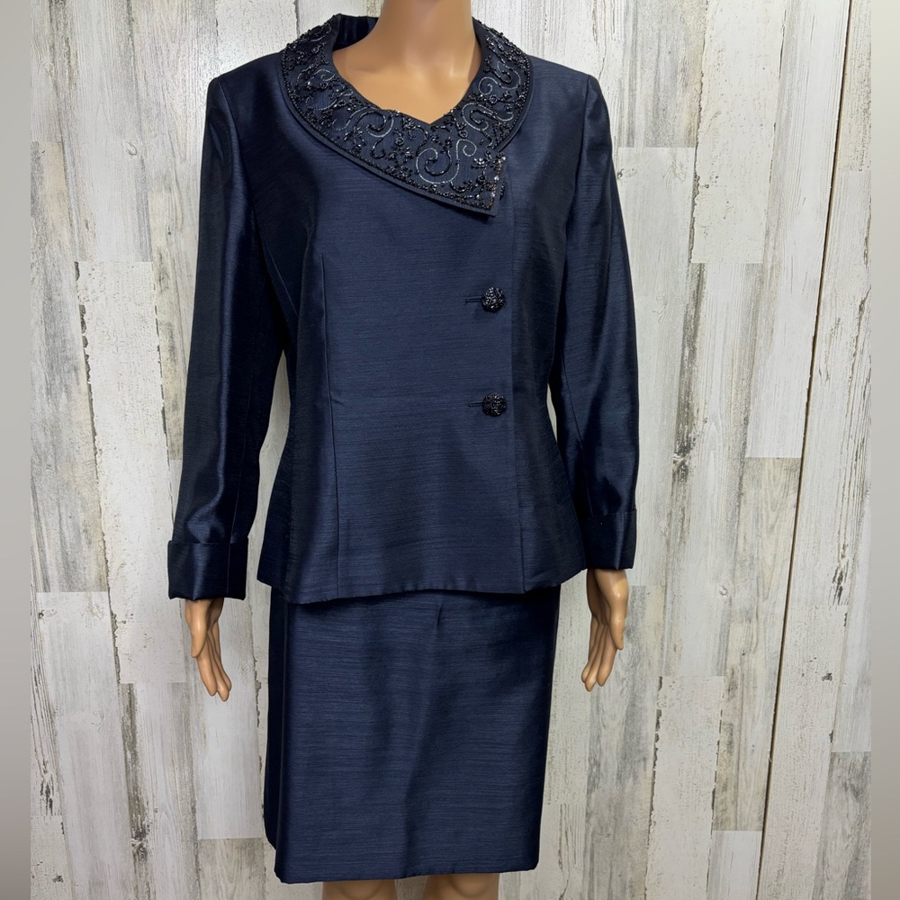 Kasper Blue Faux Silk Embellished Collar Jacket‎ and Skirt Suit